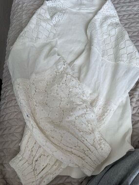 Free People Ivory Ribbed Knit Top with Lace Details